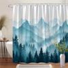 1 Realistic Mountain Scene Shower Curtain - Pine Trees, Misty Blue Mountains Design, Polyester Fabric, Machine Washable