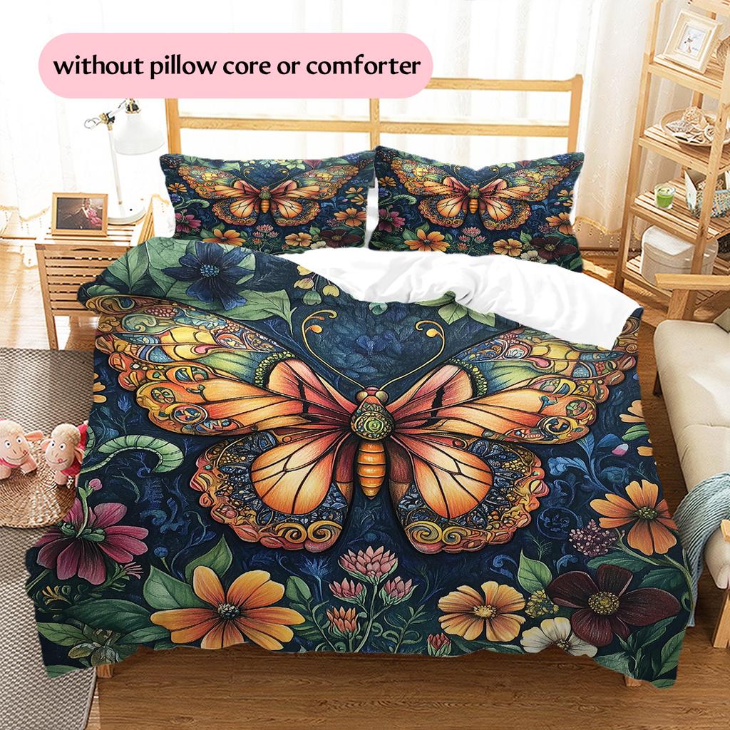 Butterfly in Flower Bushes Pattern Bedding Quilt Set Quilt Cover Pillowcase Home Decoration Gift (1 * duvet cover + 2 * pillowcase, without core)