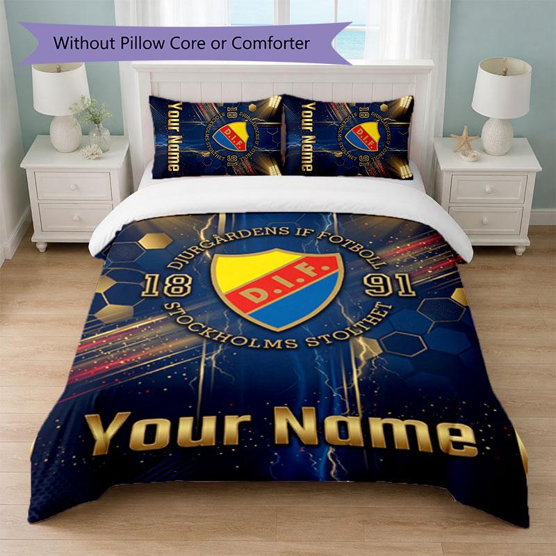 Djurgårdens IF Custom Name Text Bedding Set 1 Duvet Cover+2 Pillowcases Soccer Logo Personalized Gift For Special Occasion Bedroom Decor