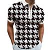 Black and White Houndstooth Printed Men's Zip-up Short-sleeved POLO Shirt