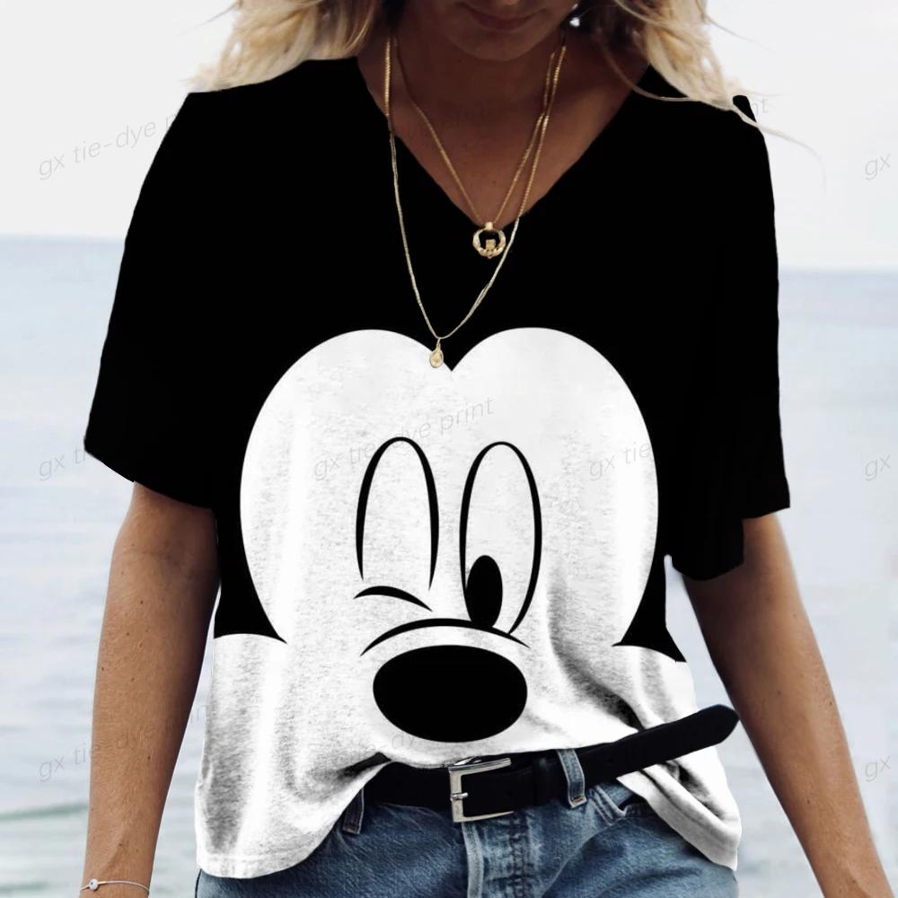 Новые женские винтажные футболки с принтом Микки Мауса Disney, женские топы, пуловеры с V-образным вырезом, повседневная уличная одежда, топы с коротким рукавом, лето