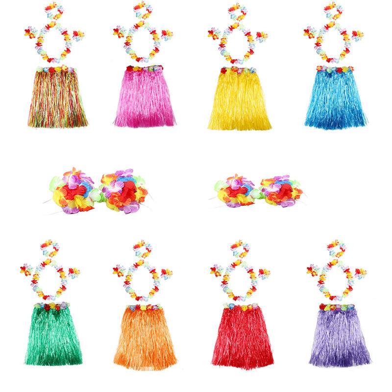 Милая детская гавайская юбка из травы хула лей с ярким цветком, браслет-гирлянда на запястье, маскарадный костюм для фестивалей и вечеринок