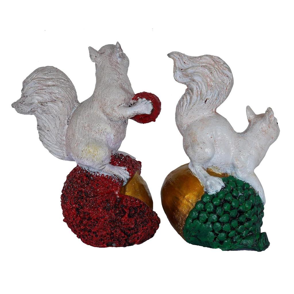 Polyresin Showpiece - Squirrel Holding Nuts Statue for Home Decor, Vaastu, Fang Sue, Traditional, Handmade, Miniature, Antique (Multicolor, Set of 2)