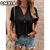 GMXIA Women's Fashion Casual Leisure Solid Color Print Short Sleeve V Neck Blouses & Shirts