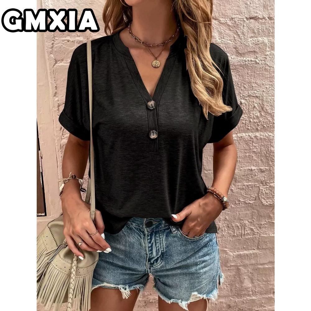 GMXIA Women's Fashion Casual Leisure Solid Color Print Short Sleeve V Neck Blouses & Shirts