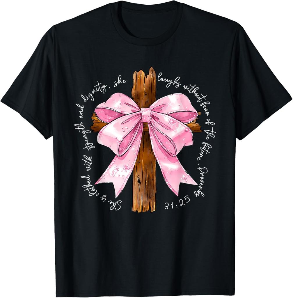Coquette Christian Pink Bow Faith Bible Verse Jesus T-Shirt