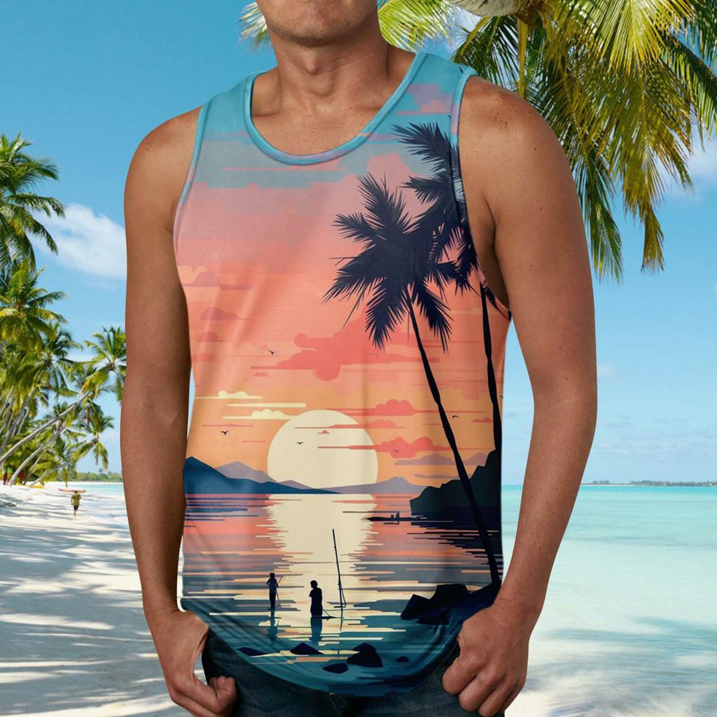 Hawaiian Tanks For Men Casual Fashion Sleeveless Summer Beach Printed Round Neck Tank Top