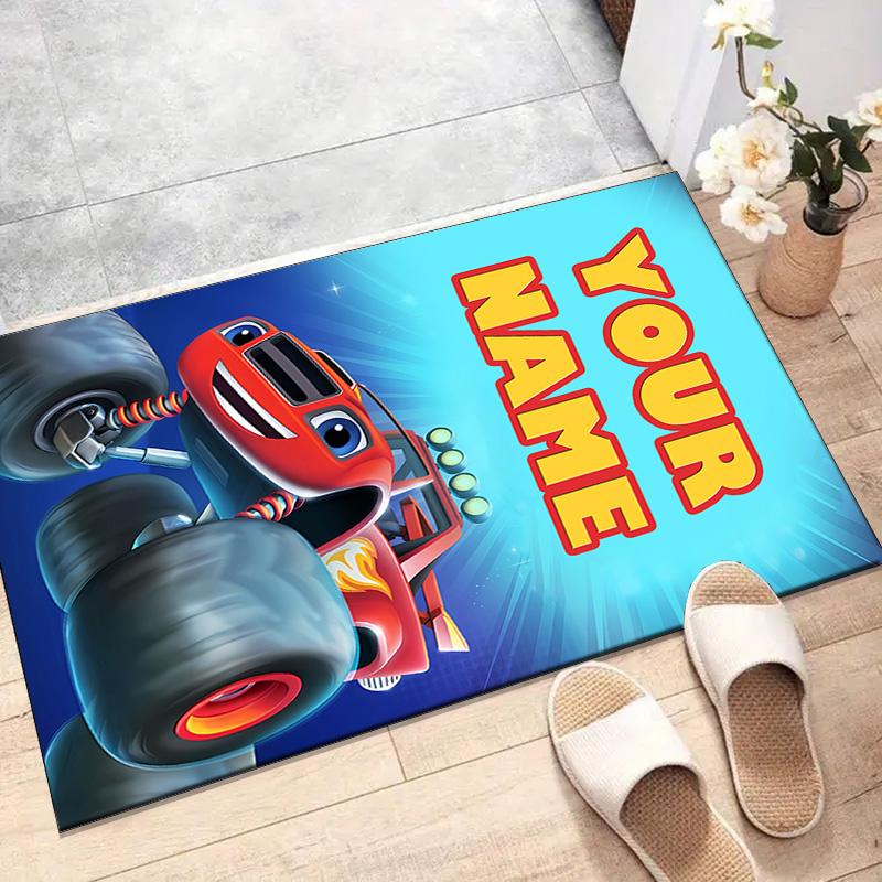 Custom Blaze and the Monster Machines Mat Personalized Name, Polyester Washable Indoor Entryway Rug, Gift for Christmas, Easter, Thanksgiving Day
