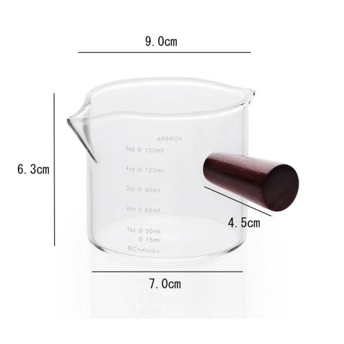 Espresso Shot Glass with Graduations and Wooden Handle, Double Spout Milk Cup for Coffee, Milk, Water, and Sake, Heat-Resistant Glass (150ml, 1 pc)
