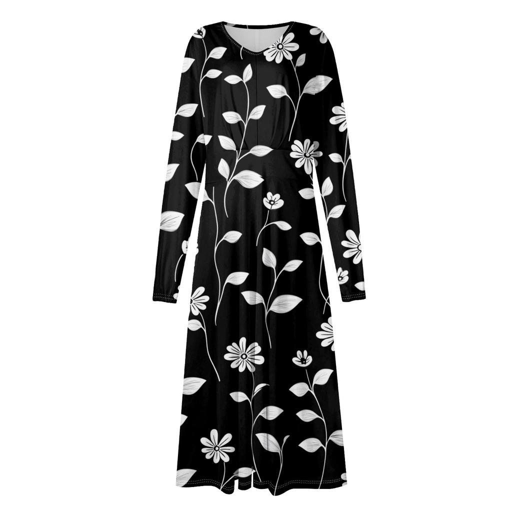 Women's Casual Fashion V-Neck Long Sleeve Floral Print Long Dress