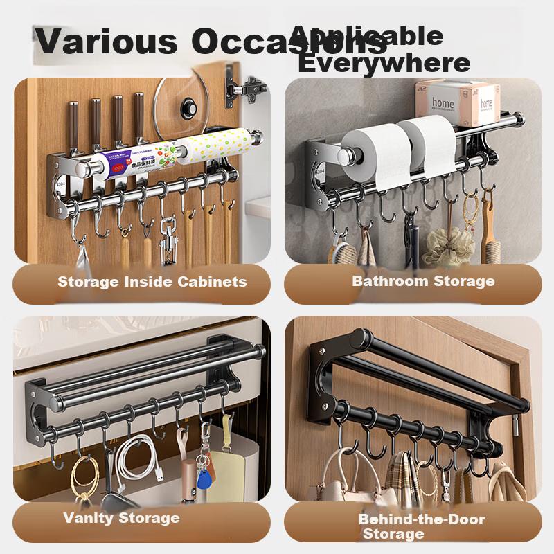 MEICHUWUYU Kitchen Storage Rack Wall-Mounted 304 Stainless Steel Hanger No Drilling Required Hooks Knife Holder Tissue Box Organizer Tool Set