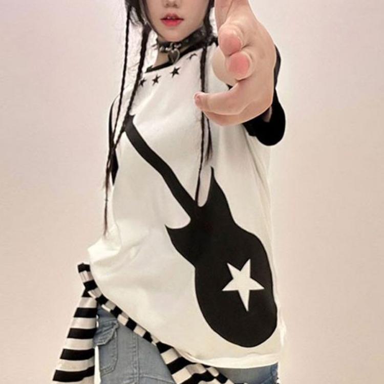 Лоскутная футболка с принтом Harajuku, женская гранж-футболка, корейская мода, свободные топы в стиле гранж с круглым вырезом, с коротким рукавом, гранж, эстетическая футболка Y2k