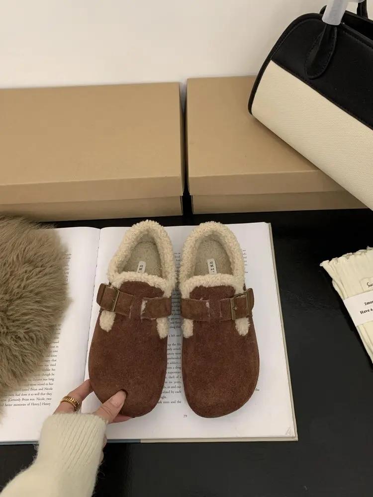 2024 Зимние ретро женские туфли из овечьей шерсти теплые меховые мокасины на плоской подошве женские уличные водонепроницаемые ботильоны ленивые мокасины обувь для вождения