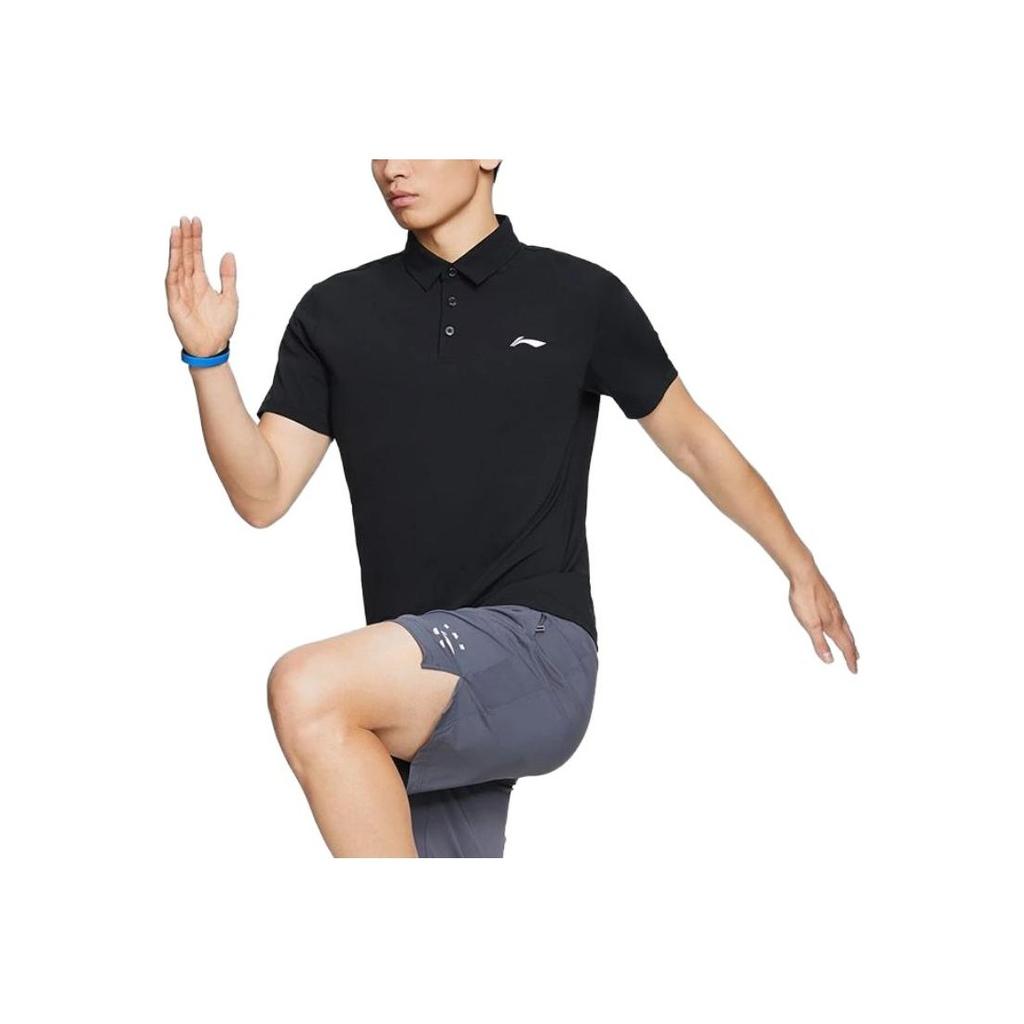 Li Ning Plain Color Polo Collar Straight Cut Short Sleeve Polo Shirt Men Tops Black APLT127-1