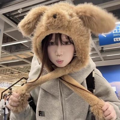 Зимняя новая милая двигающаяся пушистая шапка с ушками щенка для женщин, утолщенная теплая защита для ушей