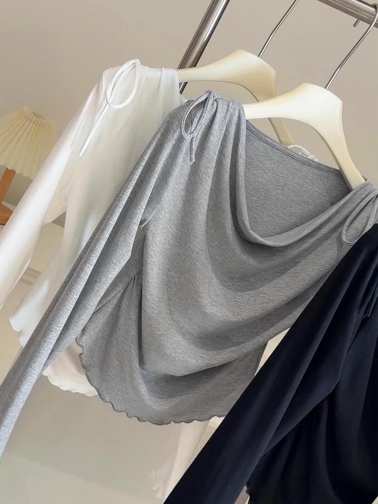 Элегантная женская футболка в корейском стиле с акцентом на талию, длинным рукавом и струящимся воротником - Приталенная, весенняя новинка