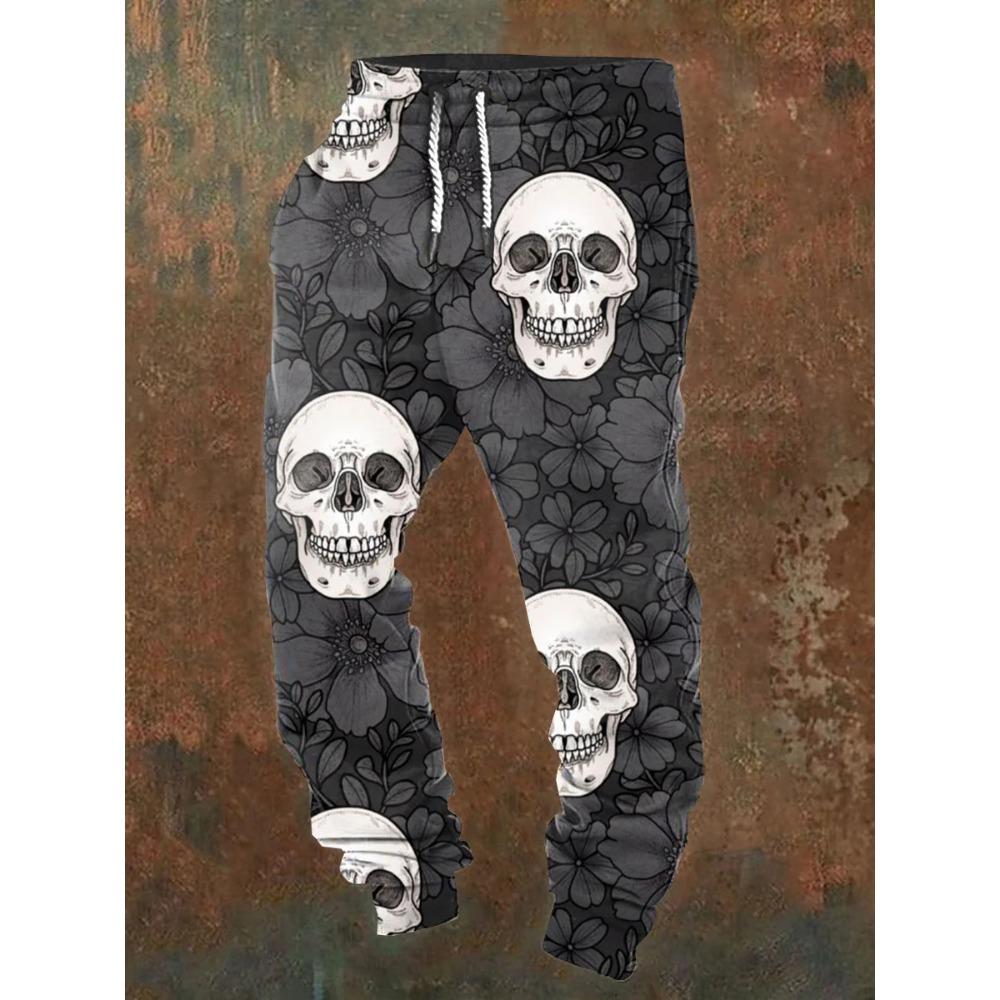 Men's casual jogging pants with drawstrings and Halloween skull prints, suitable for outdoor wear, autumn and winter fashion