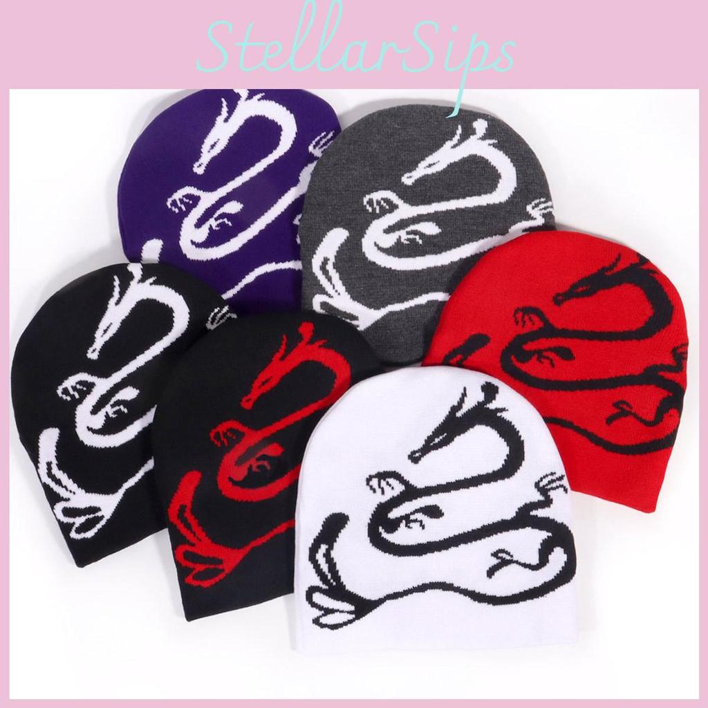 Street Style Knitted Cap With Dragon Animal Pattern For Cold Seasons