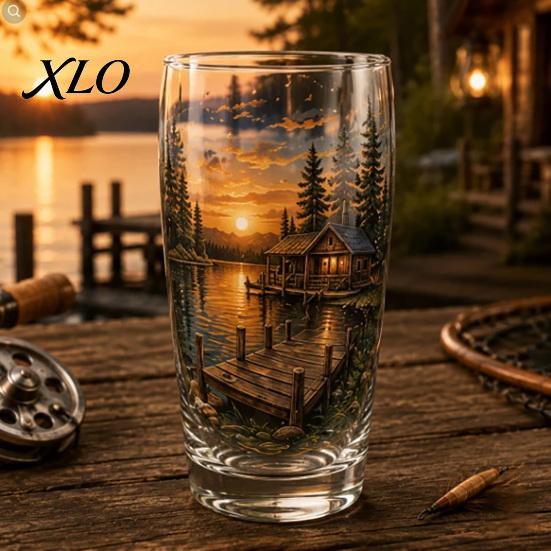 Outdoor Camping Drinkware Fishing Pint Glass Cup, Realistic Jumping Fish Pattern Design, Thickened Mountain Scenery Cups Creative Cup for And
