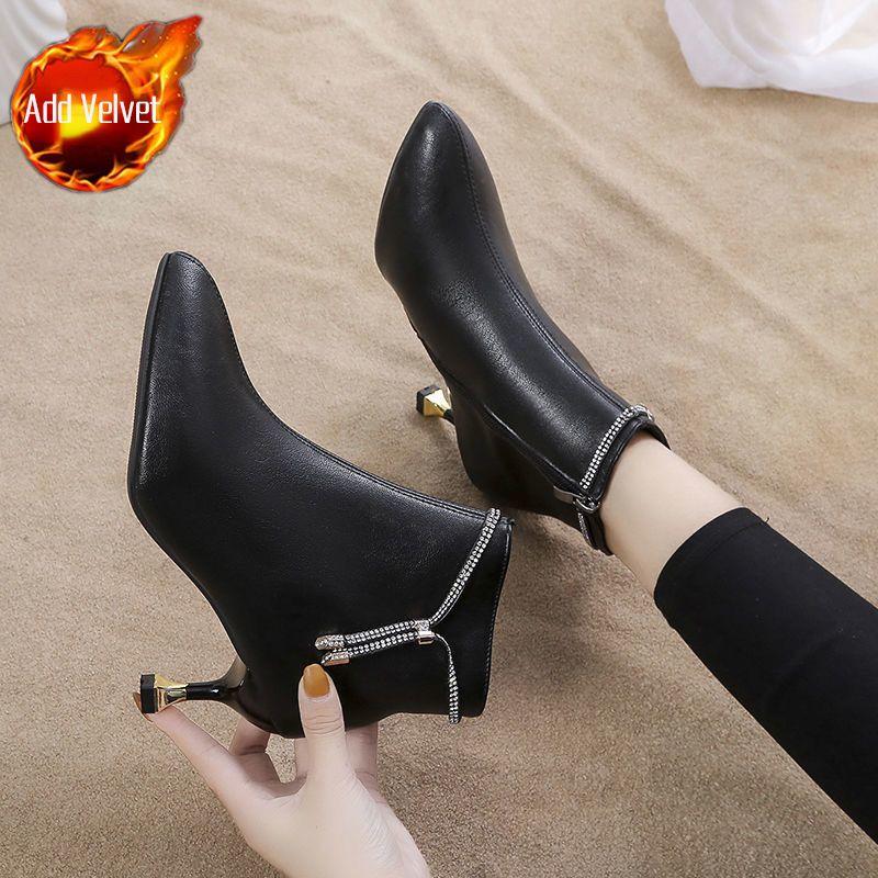 Pointed Toe Heeled Ankle Boots for Women Autumn Winter Leather Fleece-Lined Booties Designer Luxury Trend 2025 Woman Short Shoes