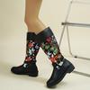 Cowboy Boots for Women Cowgirl Mid Calf Western Boots Flower Embroidered Pull On Pointed Toe Chunky Block Heel Booties Women's Non-Slip Low Heel Boots