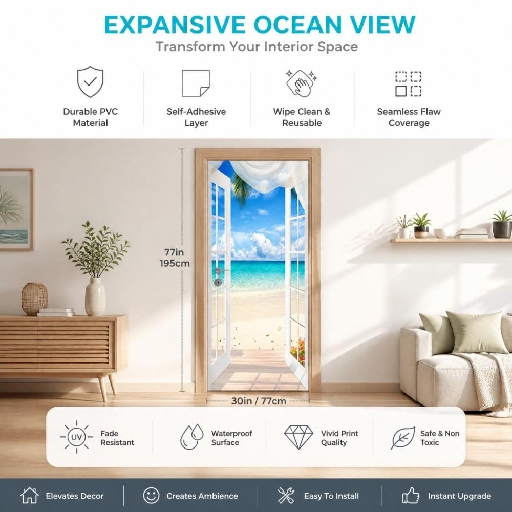 2PCS 3D Door Sticker Self Adhesive Door Cover Removable Vinyl Sticker Beach