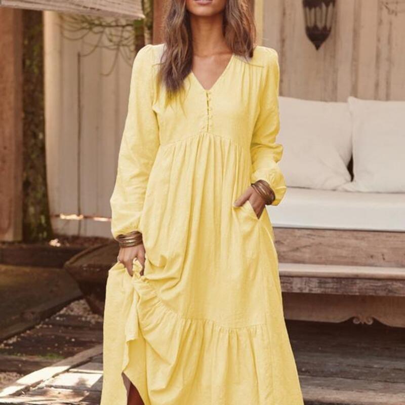 Весенне-осеннее платье из хлопка и конопли, в стиле ретро, повседневное, с длинным рукавом