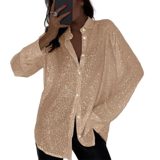 Женская рубашка с лацканами, длинным рукавом и блестящими пайетками, топы, свободного кроя, на скрытых пуговицах, рубашка-кардиган, одежда для вечеринок в ночном клубе