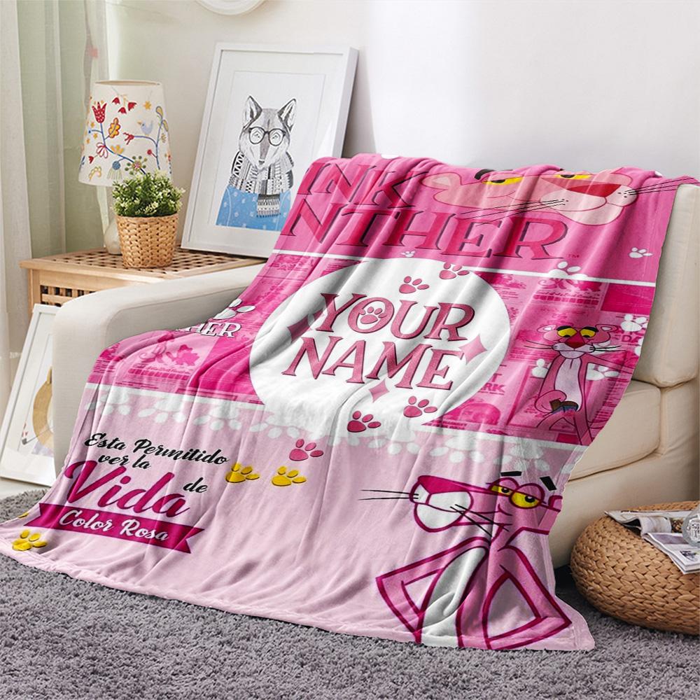 1PC Pink Panther Party Custom Name Patterned Flannel Blanket Suitable For All Seasons For Home Decor Warmth And Comfort Gifts Holiday Present