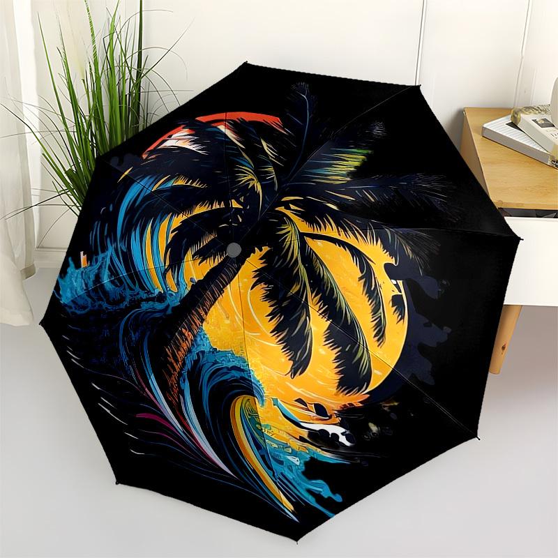 1pc Ocean Wave Sunset Palm Tree Surfing Umbrella with Plastic Handle,Compact & Stylish,Cartoon Pattern,Outdoor UmbrellaPT447