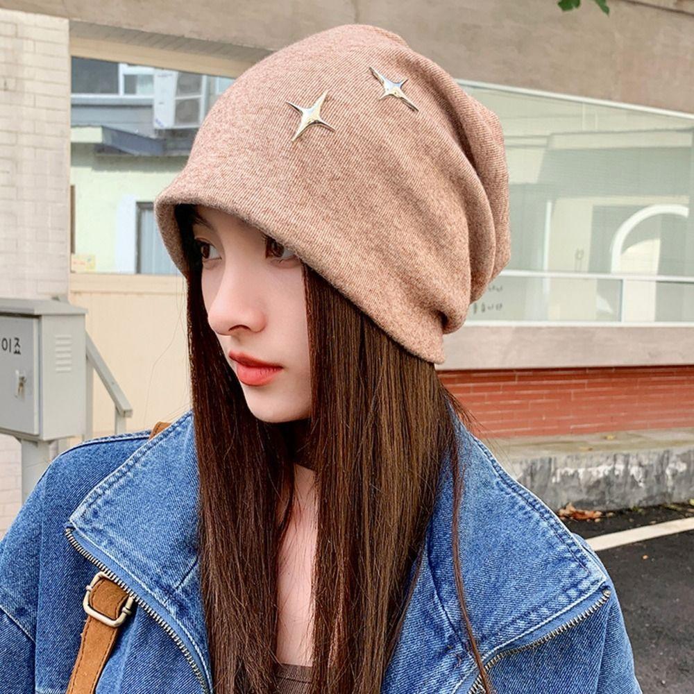Face Slimming Slouchy Beanie Hat Star Decor Warm Earflap Hat Cozy Fall Winter Beanie Hat For Women
