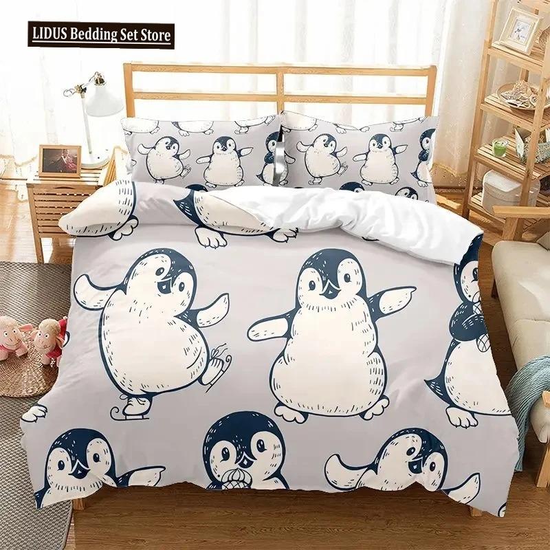 Cartoon Penguin Duvet Cover Collection For Boys Girl Animated Antarctic Animal Polyester Quilt Cover White Black King Queen Size