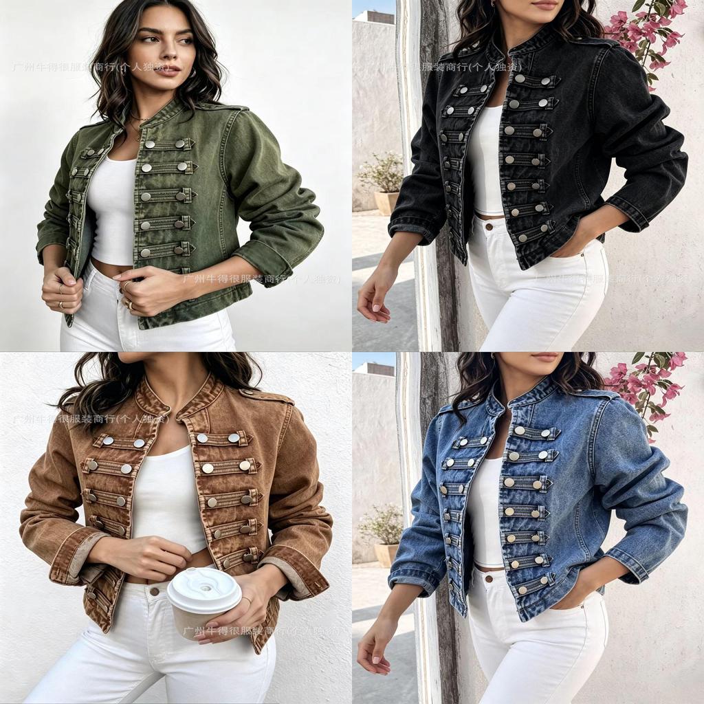 Denim Jacket For Women With Stand Collar And Long Sleeves Summer Fashion Casual