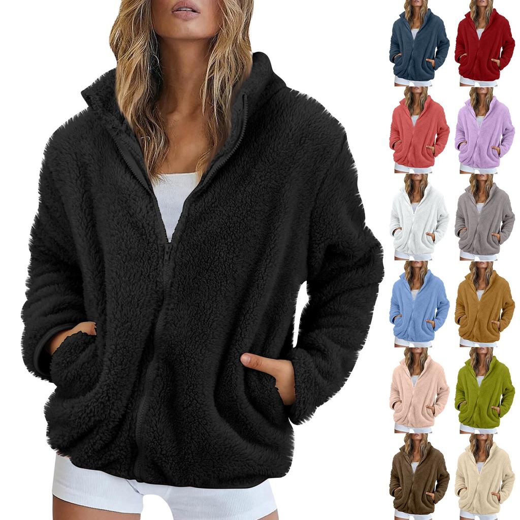 Women's Solid Color Fashionable Winter Loose High Neck Long Fleece Plush Warm Zipper Jacket