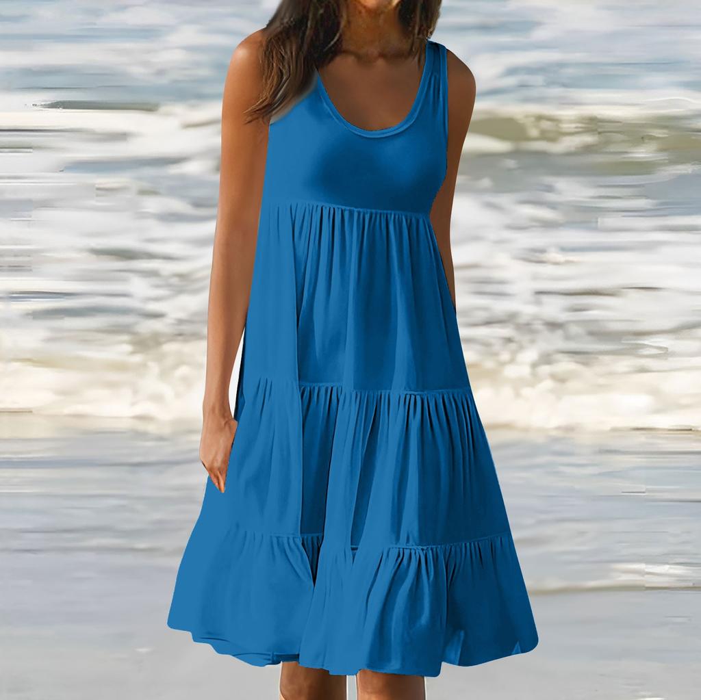 Женские платья-жилеты Лето-весна Плиссированные богемные платья Симпатичные струящиеся пляжные платья без рукавов Прямая футболка Платья-майки Платья с круглым вырезом