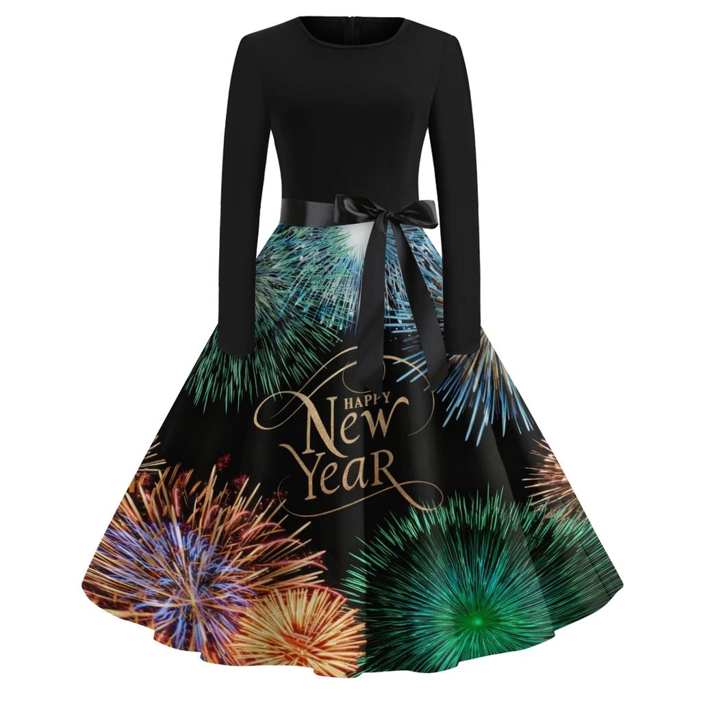 Женское повседневное модное платье с круглым вырезом и длинным рукавом с новогодним принтом в ретро-стиле