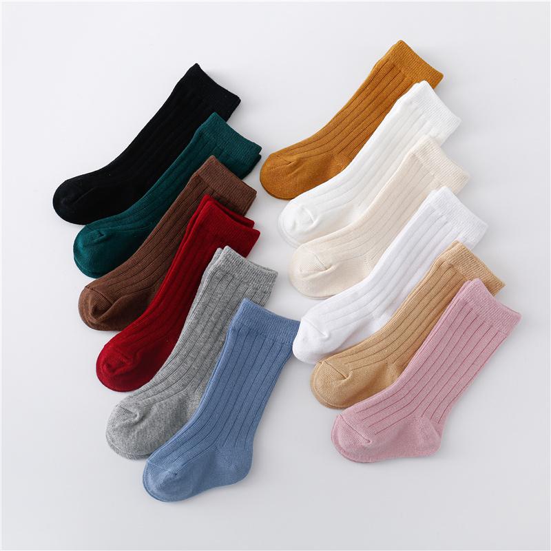 0-5Years Kids Boys Girls Socks Cotton Solid Striped Soft Baby Knee Long Children's Socks School Sport Baby Sock 12 Color