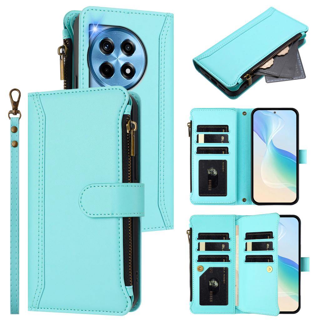 Кожаный чехол для OnePlus Ace 3 5G/OnePlus 12R 5G с 9 отделениями для карт, застежкой-молнией, подставкой и ремешком на запястье.