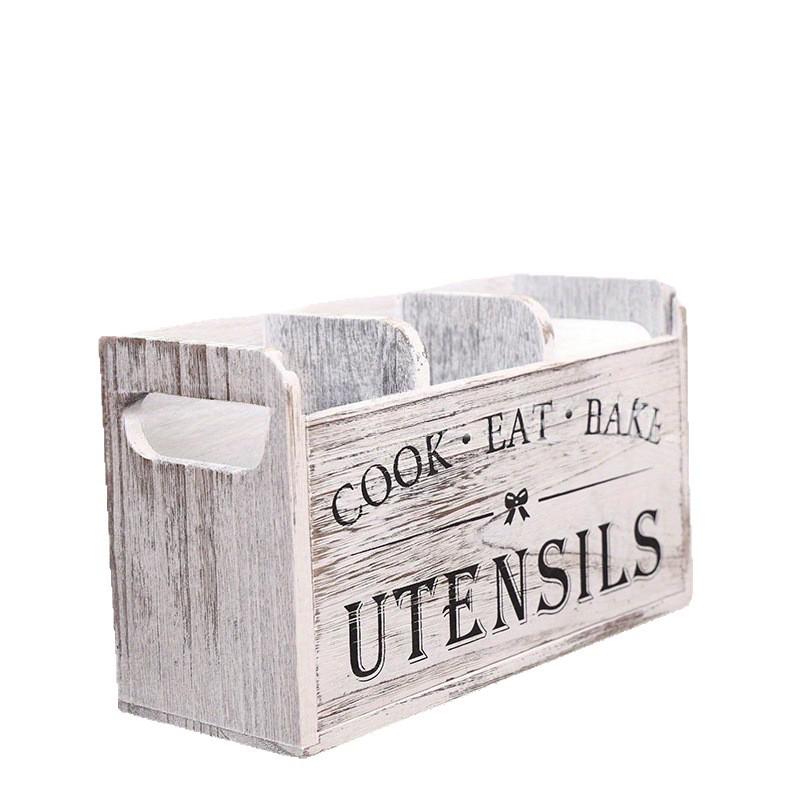 Retro Wooden Kitchen Storage Box with Dividers for Cutlery