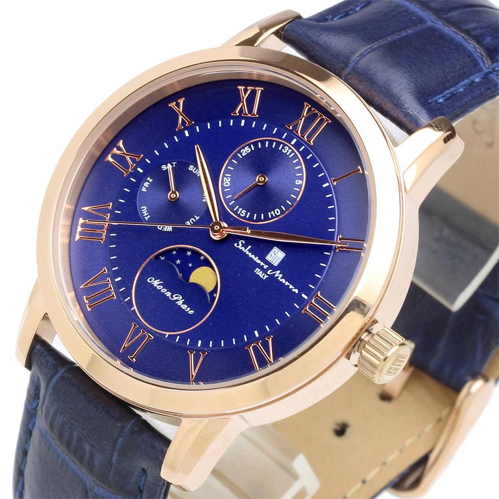 Watch Moon Phase Multi Calendar 5 ATM Water Resistant Business Formal Leather Belt Limited Model Pink Gold Blue [Salvatore Mara] Men's SM21106-PGBL