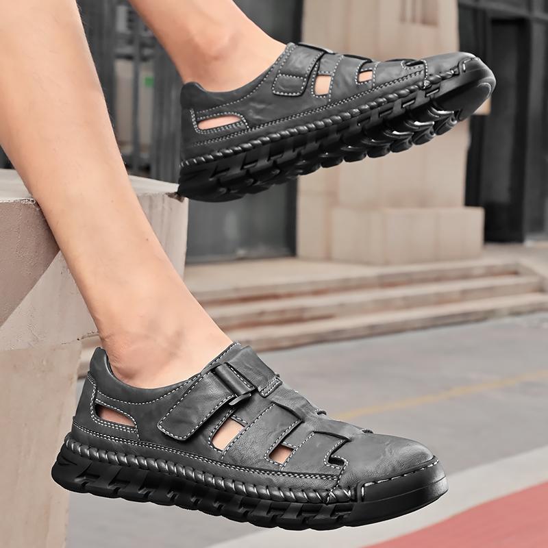 Mens Sport Sandals Breathable Outdoor Fisherman Shoes Adjustable Closed Toe Summer Leather Loafters
