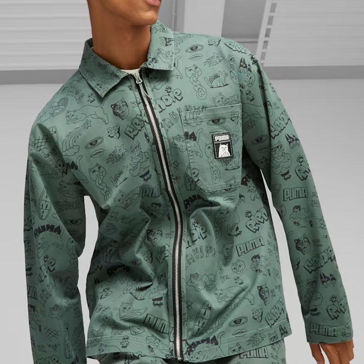 Puma X Ripndip Коллаборация SS23 Твиловая куртка с принтом комиксов, на молнии, с отложным воротником, с длинным рукавом, мужская, куртки, эвкалипт 622198-44