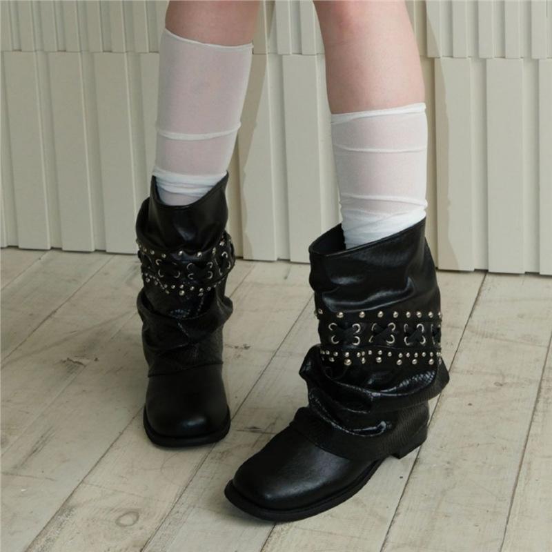 Skinny Riveted Pants Boots Autumn New Round Head Pile Western Cowboy Boots Retro Spice Girl Boots Women