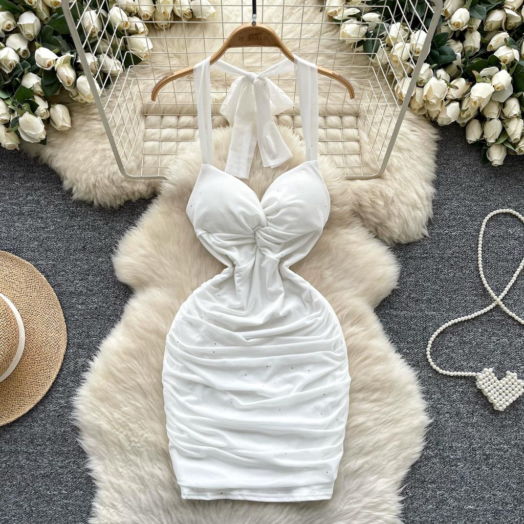 Летние женские сексуальные бретельки через шею с открытой спиной, блестящие, облегающие, мини-короткие, клубные платья для вечеринок