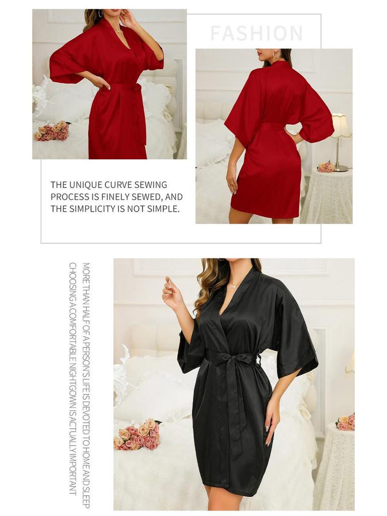 Женский однотонный халат-кимоно из шелковистой ткани - Длинный, сексуальный халат с запахом и домашняя одежда