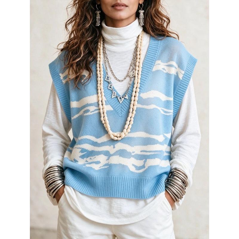 Women S V Neck Sleeveless Knit Vest Wave Pattern Casual Sweater
