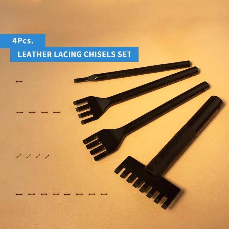 4 Pcs/Set Leather Lacing Chisel Flat Rope Weaving Punch DIY Sculpture Stitching Belt Hole 1/4/8 Prong Leather Lacing Chisels Kit.