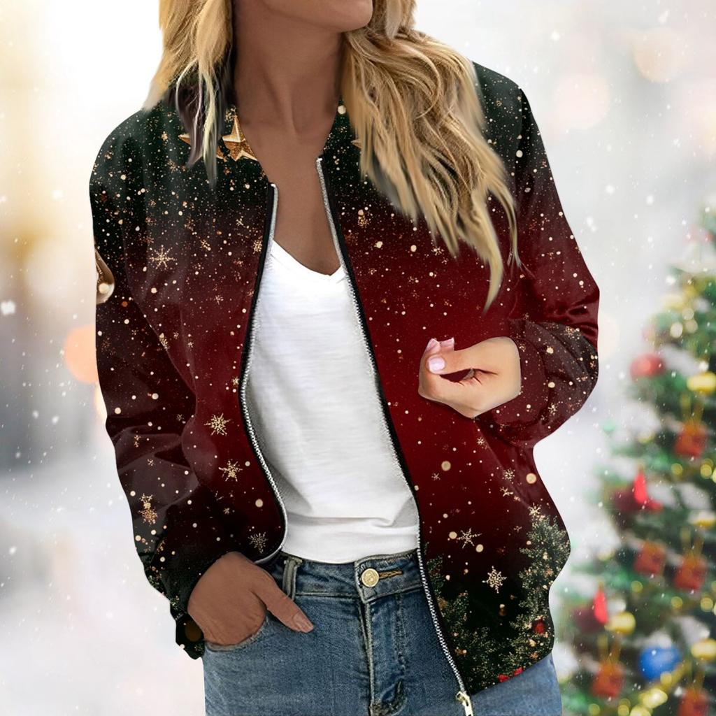 Женская легкая короткая куртка с длинными рукавами на молнии с принтом, повседневная стеганая куртка с карманами, рождественская