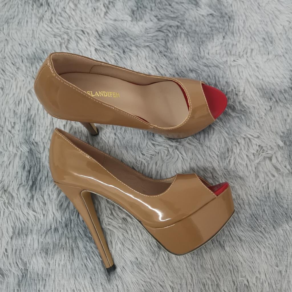 Women Pumps Sexy Peep Toe Platform 14cm Super High Heels Patent Leather Pumps Black Party Dress Red Wedding Shoes Stilettos Shoe