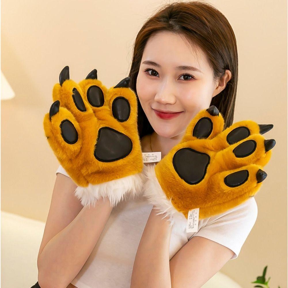 Fluffy Texture Plush Gloves Striped Design Costume Mittens  Cosplay Costume Accessories